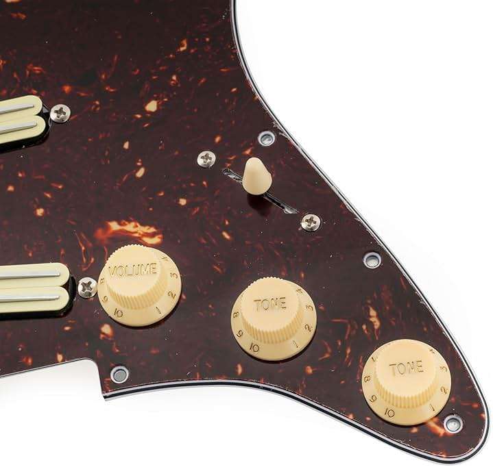Musiclily Pro-SE ST-DPHA Pre-wired SSS Pickguard with Alnico 5 Mini Rail Humbucker for Strat Style Electric Guitar, 4Ply Tortoise Shell - Image 7