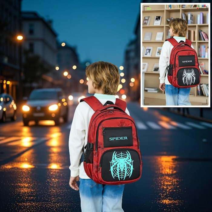 BLUWEI Kids Backpack Boys 18in Cool Luminous Spider Bookbag Elementary Teens School Bag Age 6-12 Compartments (Red) - Image 2