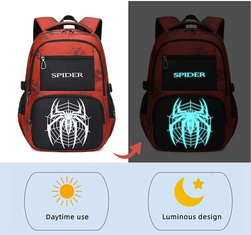 BLUWEI Kids Backpack Boys 18in Cool Luminous Spider Bookbag Elementary Teens School Bag Age 6-12 Compartments (Red) - Image 3