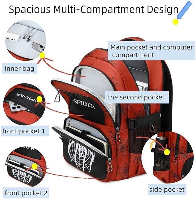 BLUWEI Kids Backpack Boys 18in Cool Luminous Spider Bookbag Elementary Teens School Bag Age 6-12 Compartments (Red) - Image 6