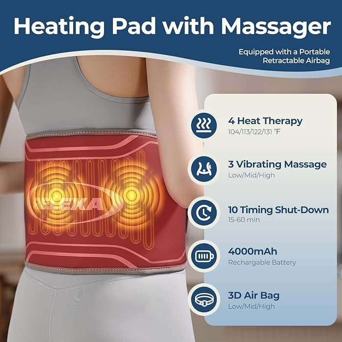 Heating Pad for Back with Auto-Inflatable Massager, 58’’ Cordless Lower Back Massager with 3 Vibration and 4 Heat, Portable Heated Pads for Back Pain Relief, Gifts for Women Men Family - Image 4