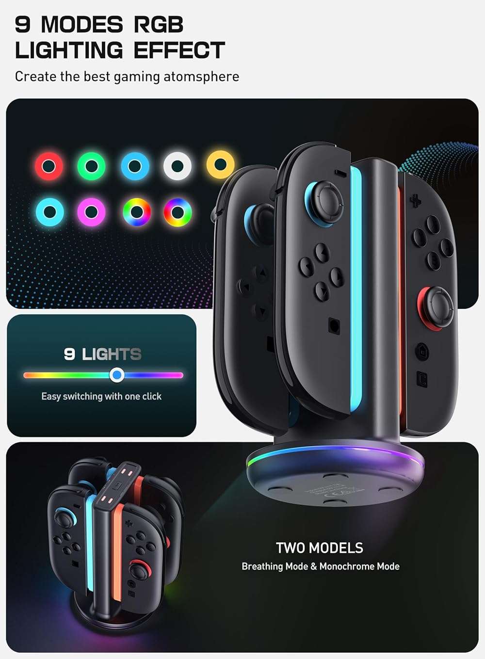 SUPCASE Charging Dock for Nintendo Switch 2 Joy Con, Black | Supports Dual-Side Charging, 9 Light Modes, Magnetic Controller, Fast Charger Stand Station - Image 5