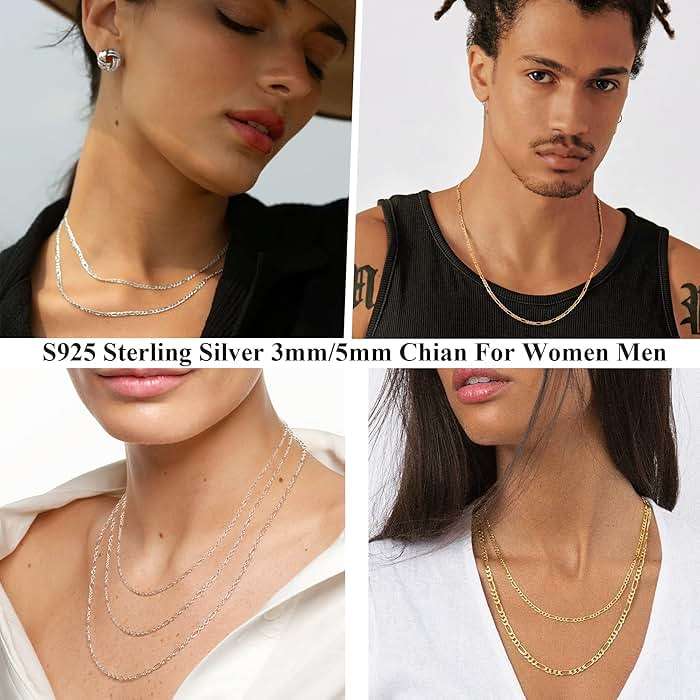 Avotto S925 Sterling Silver Figaro Chain Necklace for Women Girls 3mm/5mm Thick Sturdy & Colourfast Women's Chain Necklaces Jewelry for Women Girls 14/16/18/20/22/24/Inch - Image 2