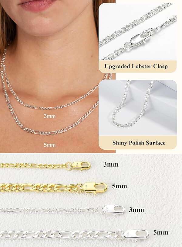Avotto S925 Sterling Silver Figaro Chain Necklace for Women Girls 3mm/5mm Thick Sturdy & Colourfast Women's Chain Necklaces Jewelry for Women Girls 14/16/18/20/22/24/Inch - Image 3