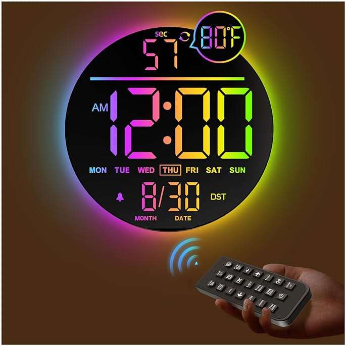 JALL 10" Large Digital Wall Clock with Remote, RGB Color, Big LED Display, Alarm Countdown Timer, DST, Temperature, Decor for Bedroom Living Room Gym Gaming Room, Easy to Read Clock for Seniors - Image 1