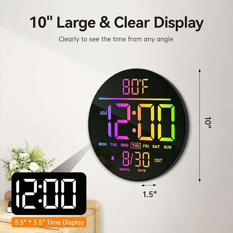 JALL 10" Large Digital Wall Clock with Remote, RGB Color, Big LED Display, Alarm Countdown Timer, DST, Temperature, Decor for Bedroom Living Room Gym Gaming Room, Easy to Read Clock for Seniors - Image 2