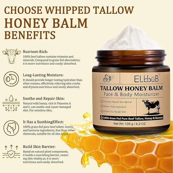 ELBBUB Whipped Tallow Cream for Face & Body - 100% Grass-Fed Beef Tallow, Natural Honey & Beeswax Moisturizer, Deep Hydration & Nourishment, Oil-Free & Unscented, Fast Absorbing - Image 2