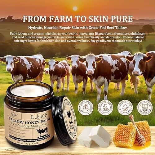 ELBBUB Whipped Tallow Cream for Face & Body - 100% Grass-Fed Beef Tallow, Natural Honey & Beeswax Moisturizer, Deep Hydration & Nourishment, Oil-Free & Unscented, Fast Absorbing - Image 4