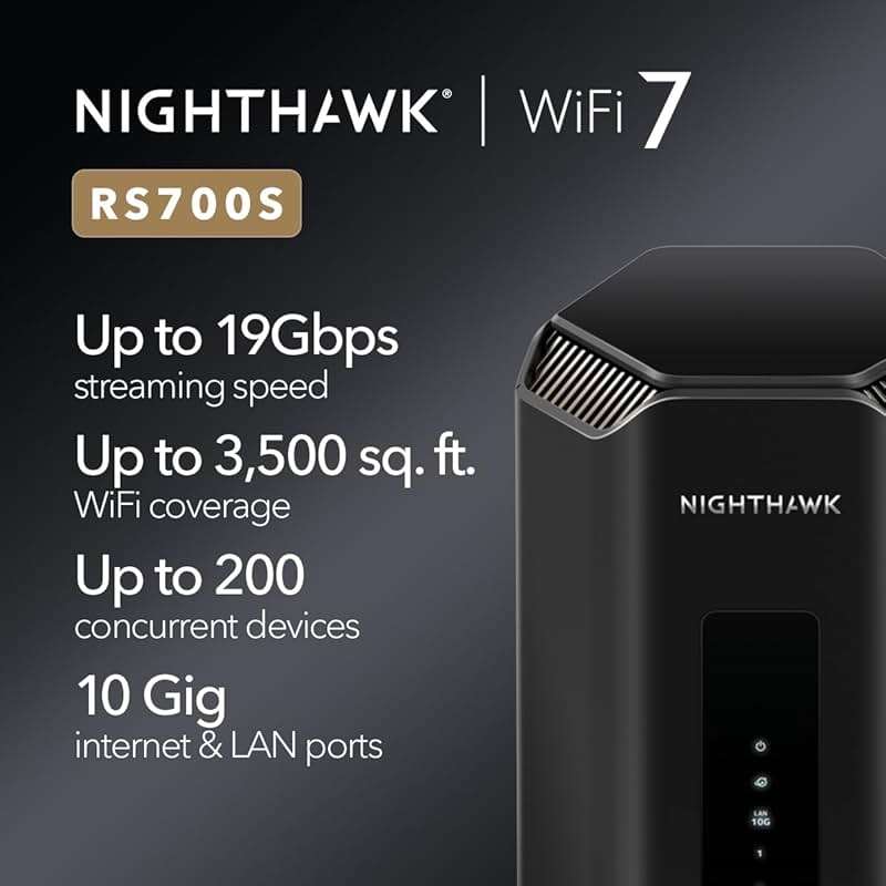 NETGEAR Nighthawk Tri-Band WiFi 7 Router (RS700S) - Security Features, BE19000 Wireless Speed (up to 19Gbps) – 10 Gig Internet Port - Covers up to 3,500 sq. ft., 200 Devices (Renewed) - Image 2