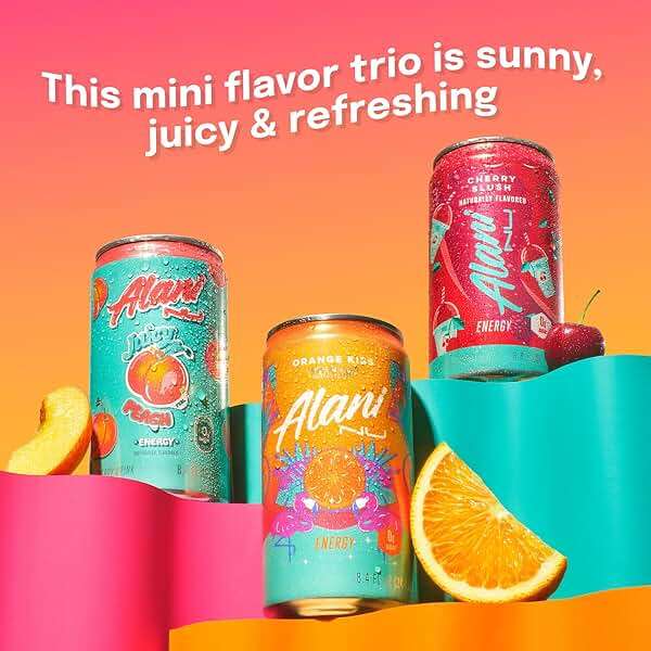 Alani Nu VARIETY PACK (CHERRY SLUSH, JUICY PEACH, ORANGE KISS), Low Calorie Energy Drinks, 100mg Caffeine, Biotin, B Vitamins, Zero Sugar, 10 Calories or Less, 8 Fl Oz Cans, 12 Pack - Image 2
