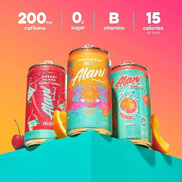 Alani Nu VARIETY PACK (CHERRY SLUSH, JUICY PEACH, ORANGE KISS), Low Calorie Energy Drinks, 100mg Caffeine, Biotin, B Vitamins, Zero Sugar, 10 Calories or Less, 8 Fl Oz Cans, 12 Pack - Image 3