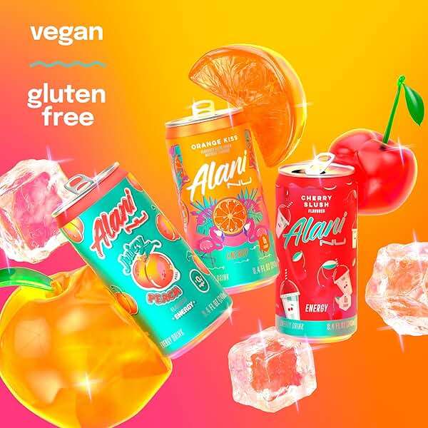 Alani Nu VARIETY PACK (CHERRY SLUSH, JUICY PEACH, ORANGE KISS), Low Calorie Energy Drinks, 100mg Caffeine, Biotin, B Vitamins, Zero Sugar, 10 Calories or Less, 8 Fl Oz Cans, 12 Pack - Image 4