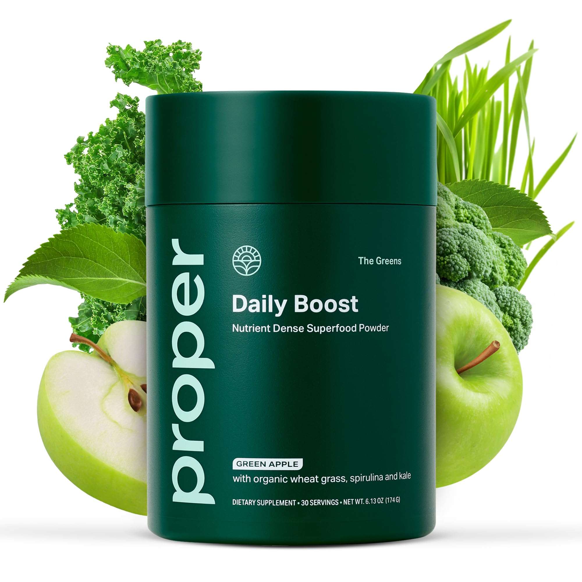 Proper, The Greens Daily Boost Organic Greens Powder. Whole Food, Apple Flavour Veggie Powder Superfood with Wheatgrass, Spirulina, Chlorella, Probiotics. Daily Drink Mix for Wellness and Digestion - Image 1