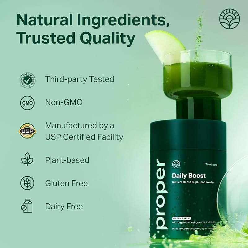 Proper, The Greens Daily Boost Organic Greens Powder. Whole Food, Apple Flavour Veggie Powder Superfood with Wheatgrass, Spirulina, Chlorella, Probiotics. Daily Drink Mix for Wellness and Digestion - Image 6