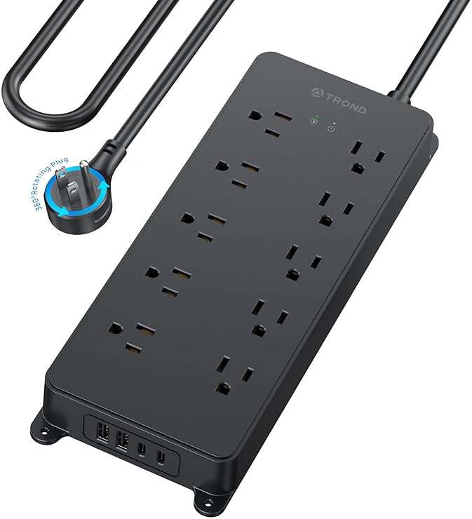 TROND Surge Protector Power Strip 10ft, 360° Rotating Flat Plug, 4000J, ETL Listed, 10 Widely Spaced Outlets, 2 USB A and 2 USB C, Wall Mountable, for Home Office Entertainment, Black - Image 1