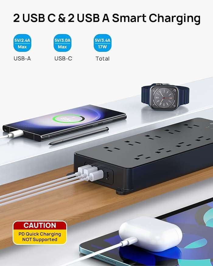 TROND Surge Protector Power Strip 10ft, 360° Rotating Flat Plug, 4000J, ETL Listed, 10 Widely Spaced Outlets, 2 USB A and 2 USB C, Wall Mountable, for Home Office Entertainment, Black - Image 5
