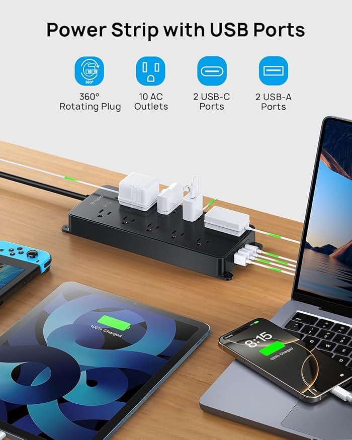 TROND Surge Protector Power Strip 10ft, 360° Rotating Flat Plug, 4000J, ETL Listed, 10 Widely Spaced Outlets, 2 USB A and 2 USB C, Wall Mountable, for Home Office Entertainment, Black - Image 7