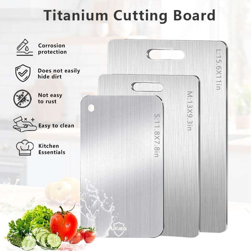 UFJEG Titanium Cutting Board, 3 PCS Titanium Cutting Boards for Kitchen, Non Toxic, Double-Sided Food Grade Chopping Board for Outdoor Camping(15.6" x 11", 13" x 9.3", 11.8" x 7.8") - Image 4