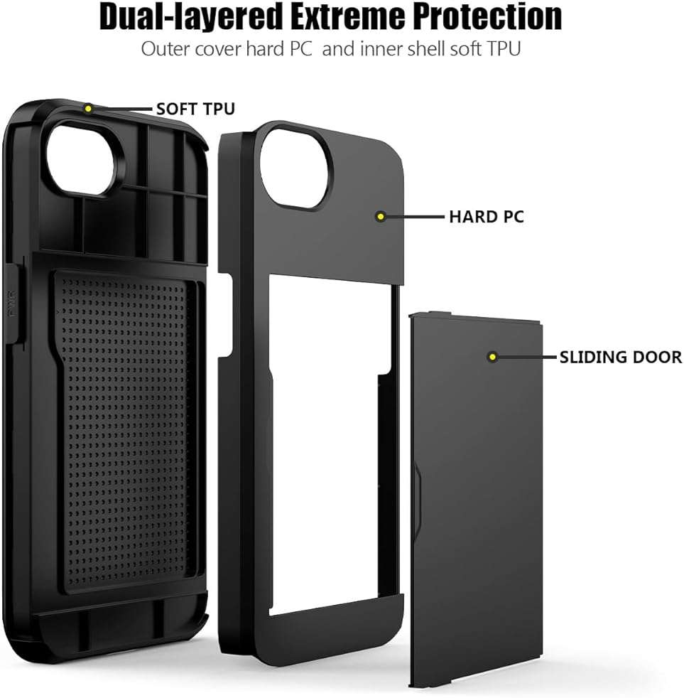 Nvollnoe for iPhone 17e Case, iPhone 16e Case with Card Holder Dual Layer Heavy Duty Protective Hidden Card Slot Slim Wallet Cover for iPhone 16e/17e 6.1''(Black) | with Card Holder - Image 3