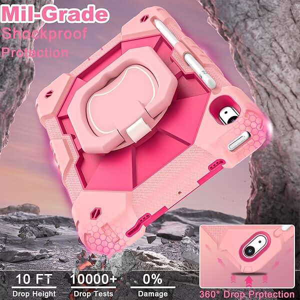 WESOROL Case for iPad (A16) 11th Generation 11 Inch (2025) iPad 10th Generation 10.9 Inch (2022),Full-Body Drop Protection i Pad Case 10th Gen with Rotating Stand Screen Protector Pencil Holder,Rose - Image 6