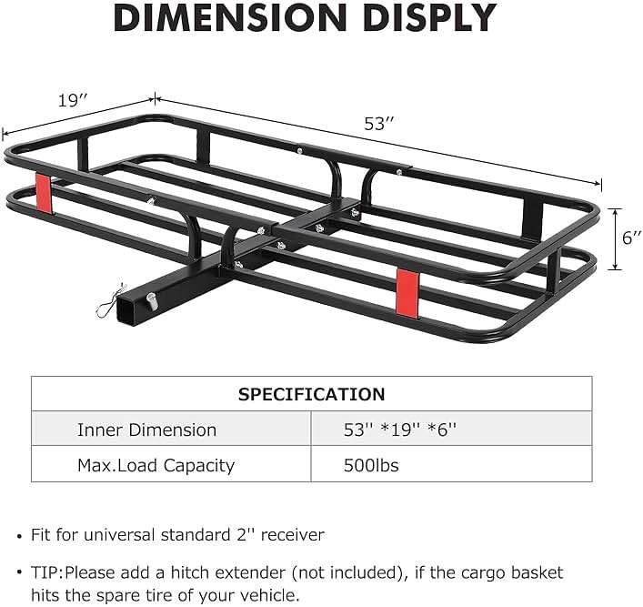 500 Lbs Capacity Hitch Mount Cargo Carrier Basket - Heavy-Duty Cargo Baskets, 53" x 19" x 6" Cargo Rack Rear Luggage Basket for Car and SUV - Image 2