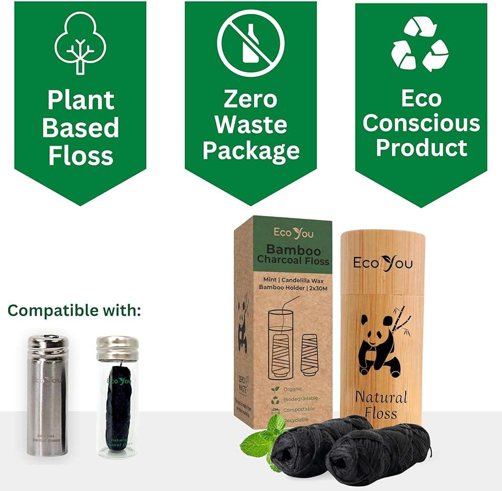 Charcoal Bamboo Floss | 2 Natural Floss Refill with Bamboo Container | Organic Mint & Candelilla Wax | Vegan & Biodegradable | Compatible with Similar Size Dental Silk Containers - Image 2