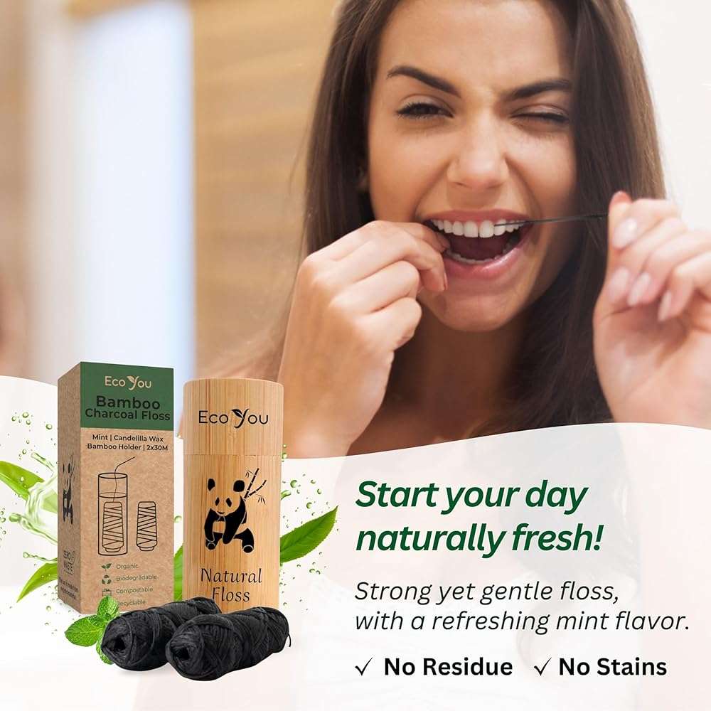 Charcoal Bamboo Floss | 2 Natural Floss Refill with Bamboo Container | Organic Mint & Candelilla Wax | Vegan & Biodegradable | Compatible with Similar Size Dental Silk Containers - Image 4