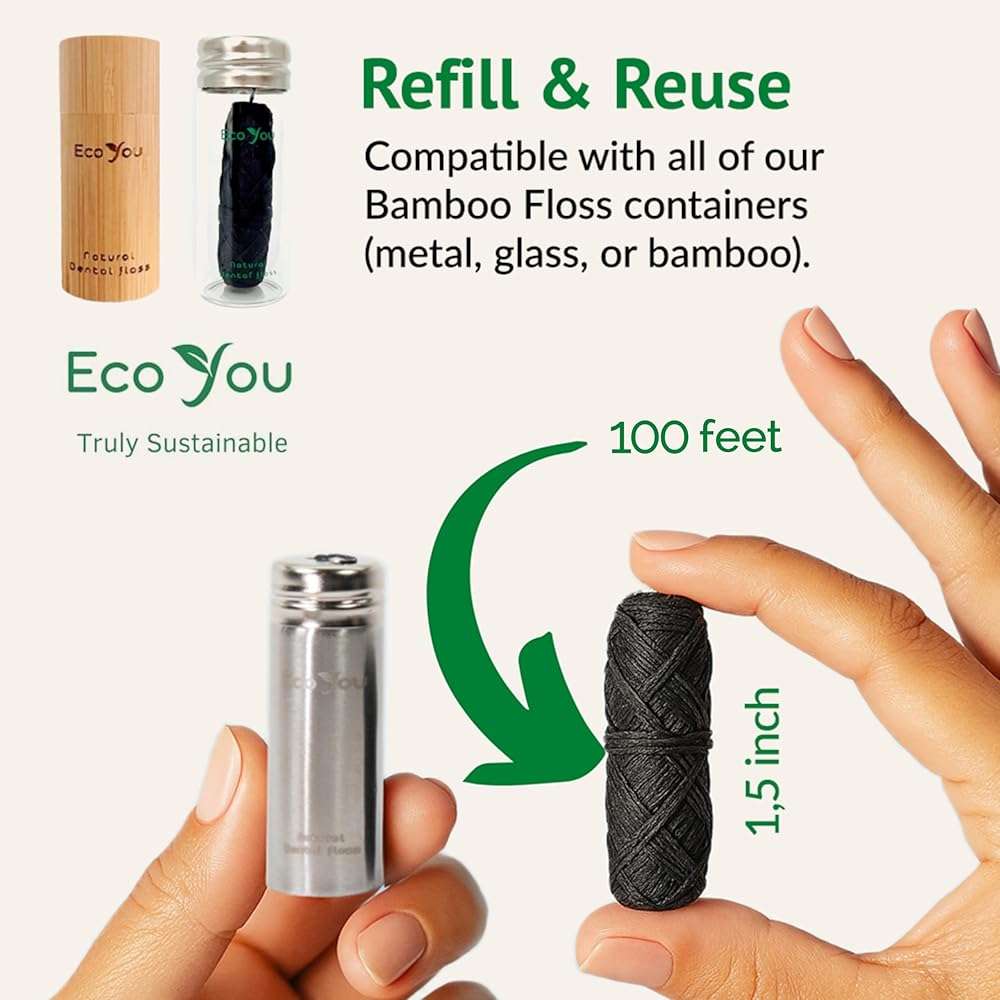 Charcoal Bamboo Floss | 2 Natural Floss Refill with Bamboo Container | Organic Mint & Candelilla Wax | Vegan & Biodegradable | Compatible with Similar Size Dental Silk Containers - Image 6