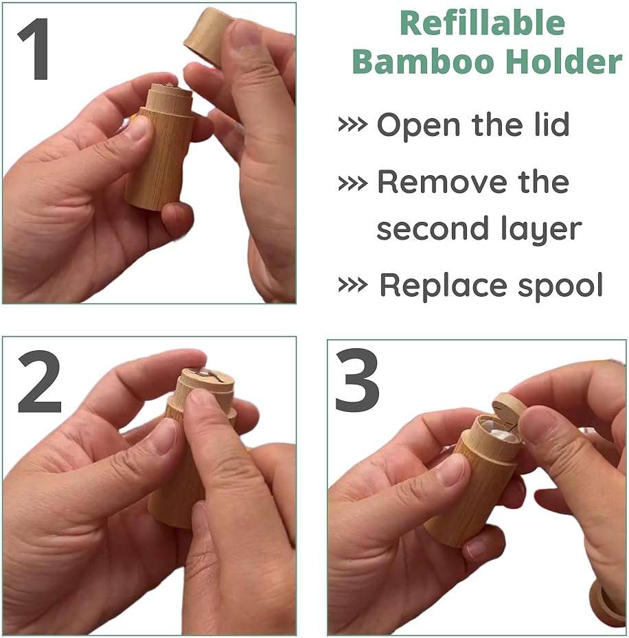 Charcoal Bamboo Floss | 2 Natural Floss Refill with Bamboo Container | Organic Mint & Candelilla Wax | Vegan & Biodegradable | Compatible with Similar Size Dental Silk Containers - Image 8