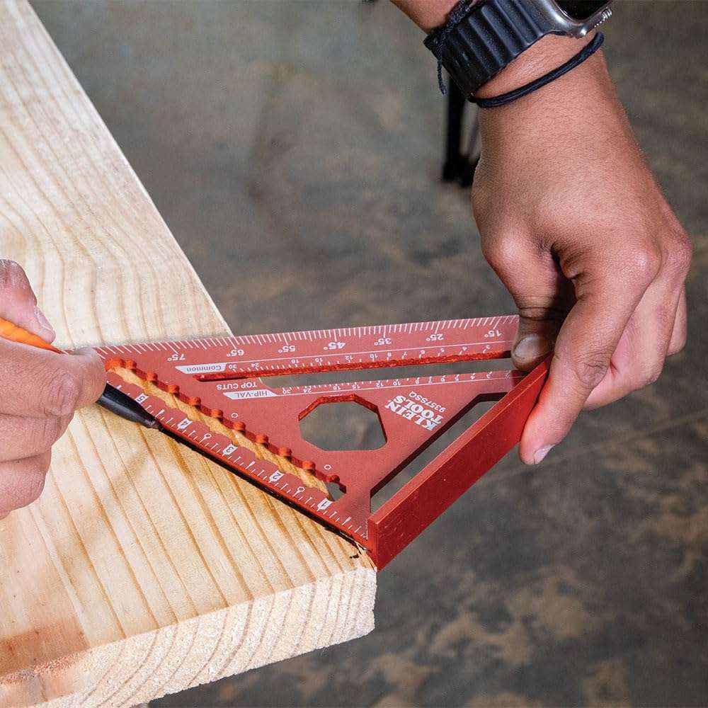 Klein Tools 9357SSQ Rafter Square, 7-Inch, Double Laser Etched Aluminum, Multi-Functional, Carpenter Measuring Layout Tool, Triangle Ruler for Woodworking - Image 7