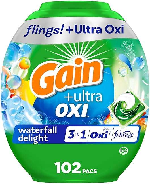 Gain Flings Ultra Oxi Laundry Detergent Pacs, 102 Count, Waterfall Delight Scent, with Odor Defense, concentrated laundry soap pacs - Image 1