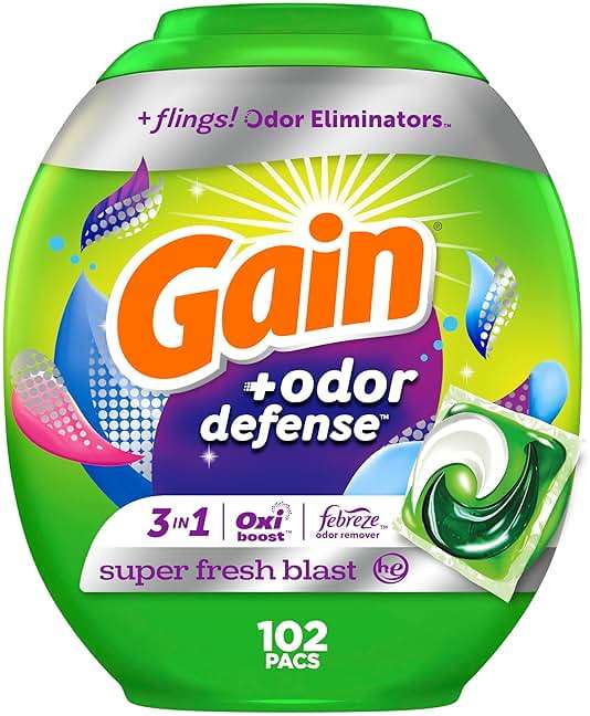 Gain Flings Laundry Detergent Pacs with Odor Defense, 102 Count, Super Fresh Blast Scent, HE 3in1 Detergent Pacs with Febreze and Oxi - Image 1