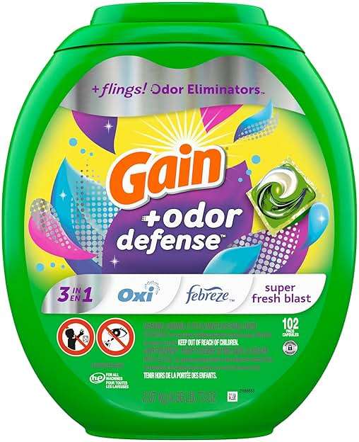 Gain Flings Laundry Detergent Pacs with Odor Defense, 102 Count, Super Fresh Blast Scent, HE 3in1 Detergent Pacs with Febreze and Oxi - Image 8