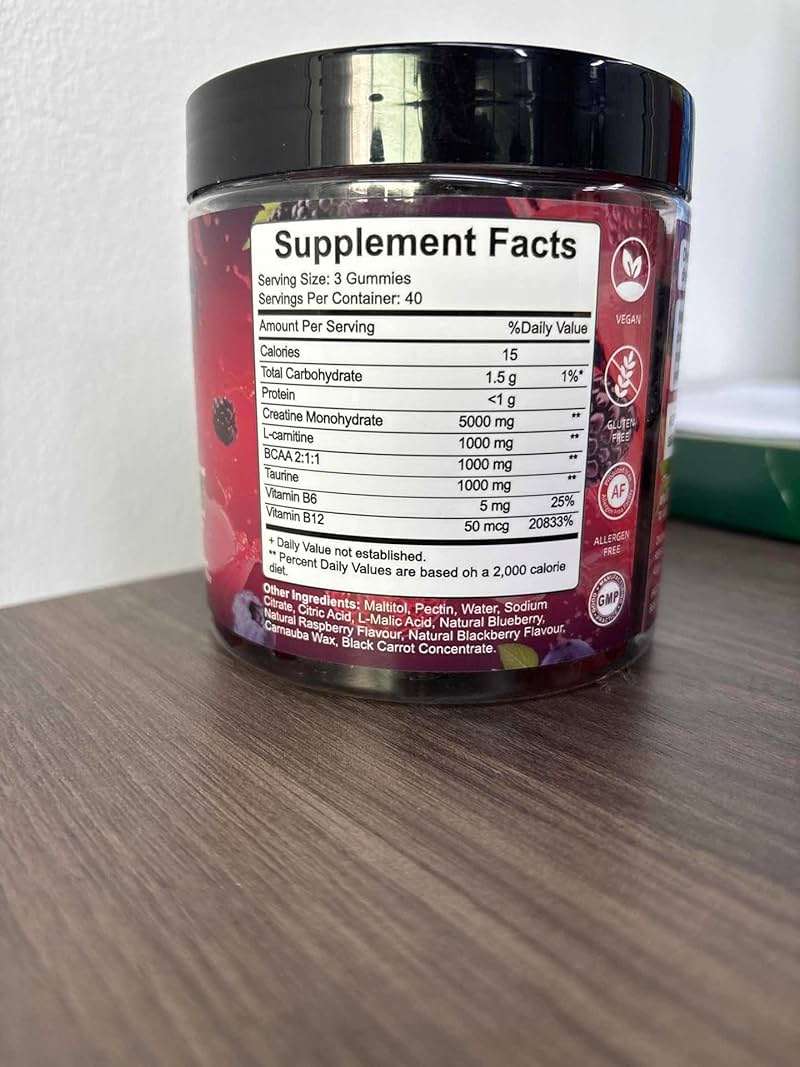 Creatine Monohydrate Gummies for Men & Women with L-Carnitine & Taurine – Pre-Workout Supplement for Muscle Strength, Energy Boost – Sugar Free, Vegan, Berry Flavor, Chewable Gummy 120 Count - Image 2