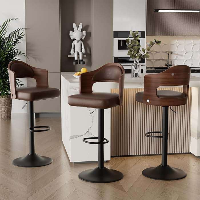 Daluvenix Swivel Bar Stools Set of 3, Wooden Upholstered PU Leather Barstools with Back & Footrest,Seat Adjustable Height 24.5-33.5IN,Counter Height Bar Chairs for Kitchen Island,Brown - Image 1