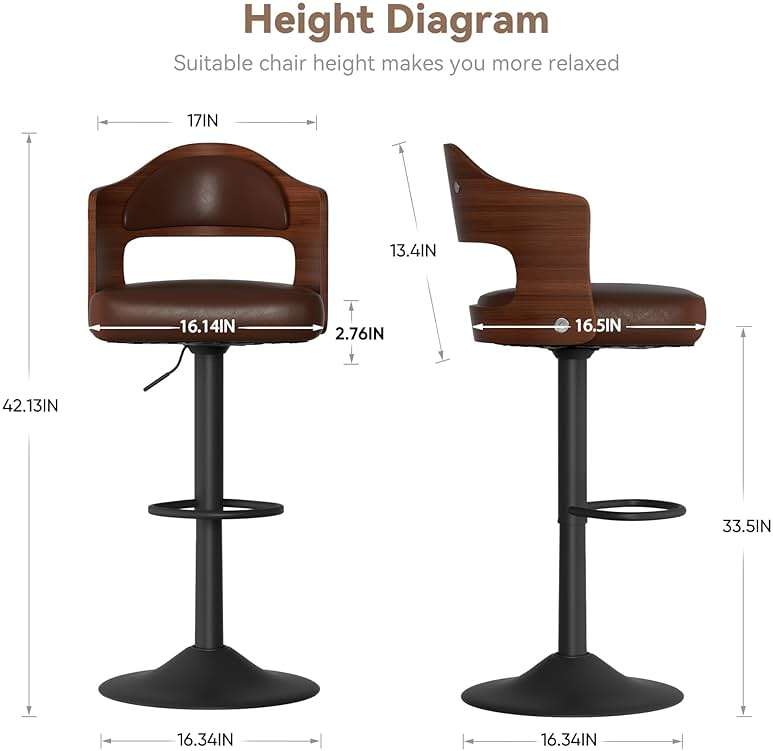 Daluvenix Swivel Bar Stools Set of 3, Wooden Upholstered PU Leather Barstools with Back & Footrest,Seat Adjustable Height 24.5-33.5IN,Counter Height Bar Chairs for Kitchen Island,Brown - Image 2