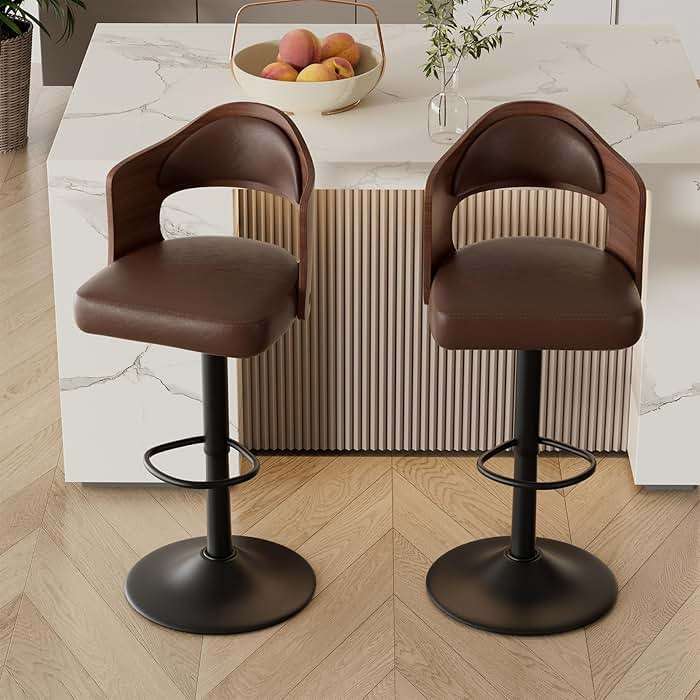 Daluvenix Swivel Bar Stools Set of 3, Wooden Upholstered PU Leather Barstools with Back & Footrest,Seat Adjustable Height 24.5-33.5IN,Counter Height Bar Chairs for Kitchen Island,Brown - Image 3