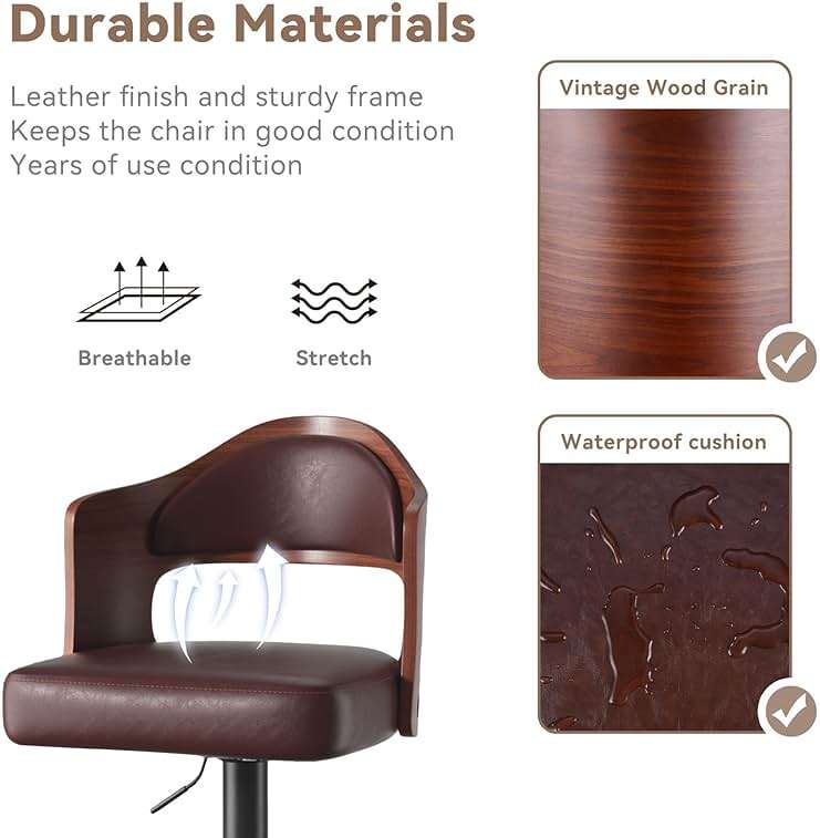 Daluvenix Swivel Bar Stools Set of 3, Wooden Upholstered PU Leather Barstools with Back & Footrest,Seat Adjustable Height 24.5-33.5IN,Counter Height Bar Chairs for Kitchen Island,Brown - Image 4