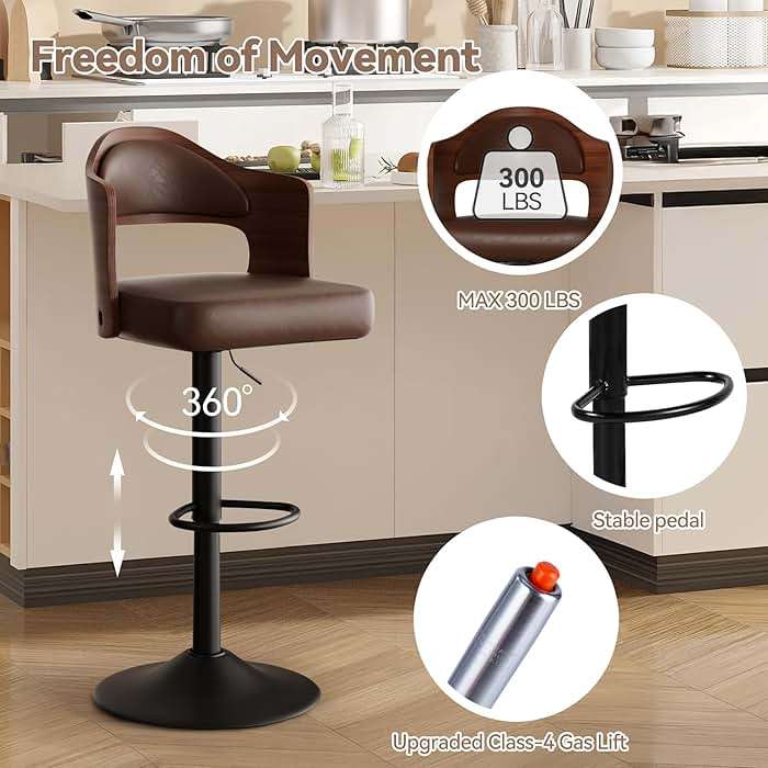 Daluvenix Swivel Bar Stools Set of 3, Wooden Upholstered PU Leather Barstools with Back & Footrest,Seat Adjustable Height 24.5-33.5IN,Counter Height Bar Chairs for Kitchen Island,Brown - Image 5