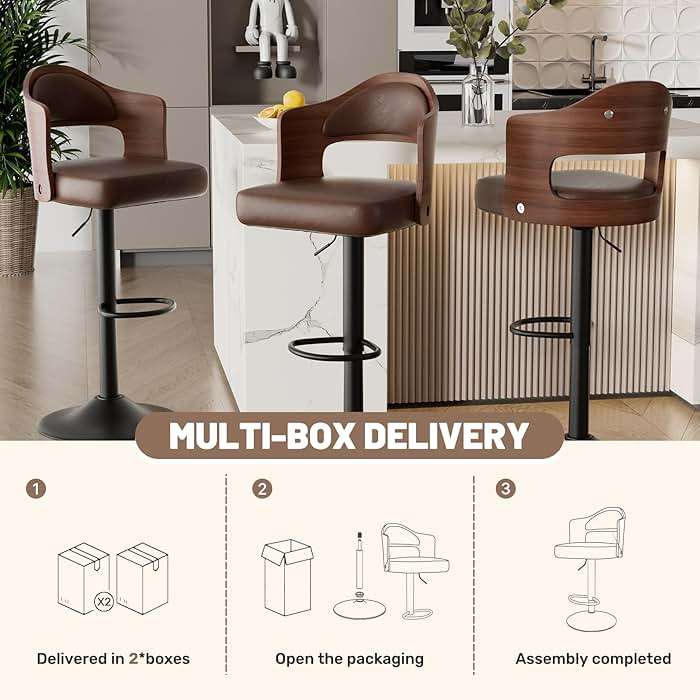 Daluvenix Swivel Bar Stools Set of 3, Wooden Upholstered PU Leather Barstools with Back & Footrest,Seat Adjustable Height 24.5-33.5IN,Counter Height Bar Chairs for Kitchen Island,Brown - Image 7