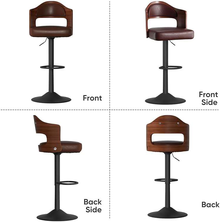 Daluvenix Swivel Bar Stools Set of 3, Wooden Upholstered PU Leather Barstools with Back & Footrest,Seat Adjustable Height 24.5-33.5IN,Counter Height Bar Chairs for Kitchen Island,Brown - Image 8