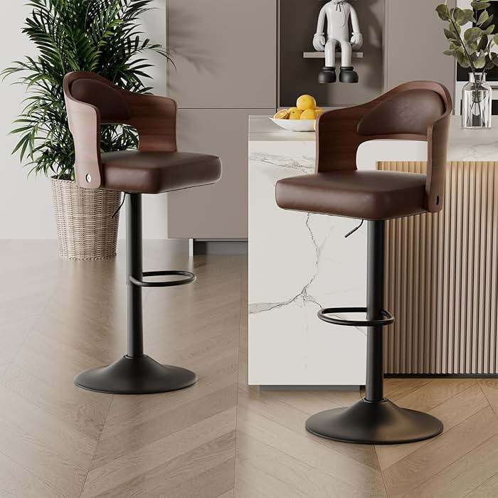 Daluvenix Swivel Bar Stools Set of 3, Wooden Upholstered PU Leather Barstools with Back & Footrest,Seat Adjustable Height 24.5-33.5IN,Counter Height Bar Chairs for Kitchen Island,Brown - Image 9