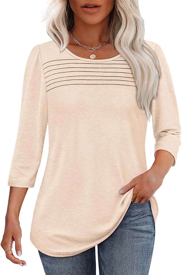 OFEEFAN Womens Tops 3/4 Length Sleeve Blouses Dressy Casual Spring Summer Fall Outfits Pleated Front T Shirts Curved Hem - Image 1