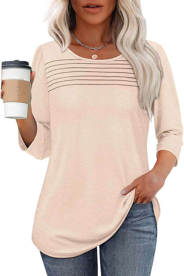 OFEEFAN Womens Tops 3/4 Length Sleeve Blouses Dressy Casual Spring Summer Fall Outfits Pleated Front T Shirts Curved Hem - Image 2
