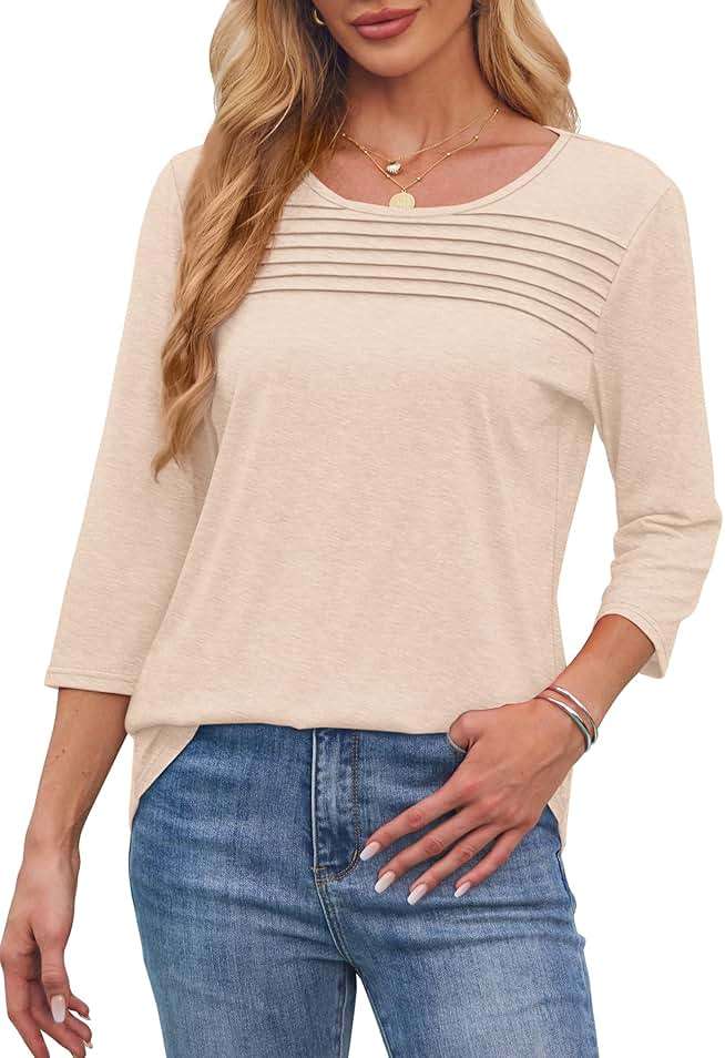 OFEEFAN Womens Tops 3/4 Length Sleeve Blouses Dressy Casual Spring Summer Fall Outfits Pleated Front T Shirts Curved Hem - Image 3