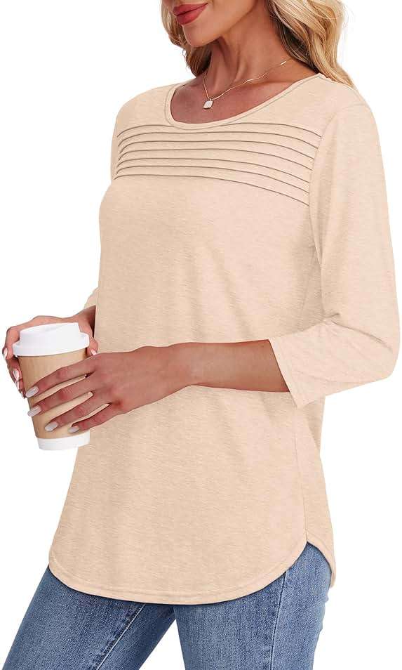 OFEEFAN Womens Tops 3/4 Length Sleeve Blouses Dressy Casual Spring Summer Fall Outfits Pleated Front T Shirts Curved Hem - Image 4