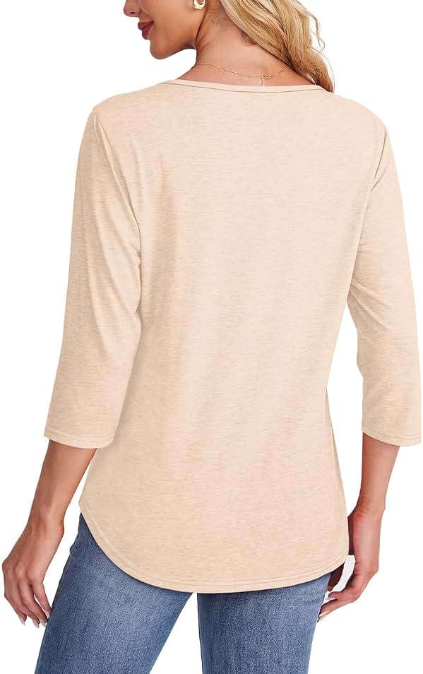 OFEEFAN Womens Tops 3/4 Length Sleeve Blouses Dressy Casual Spring Summer Fall Outfits Pleated Front T Shirts Curved Hem - Image 5