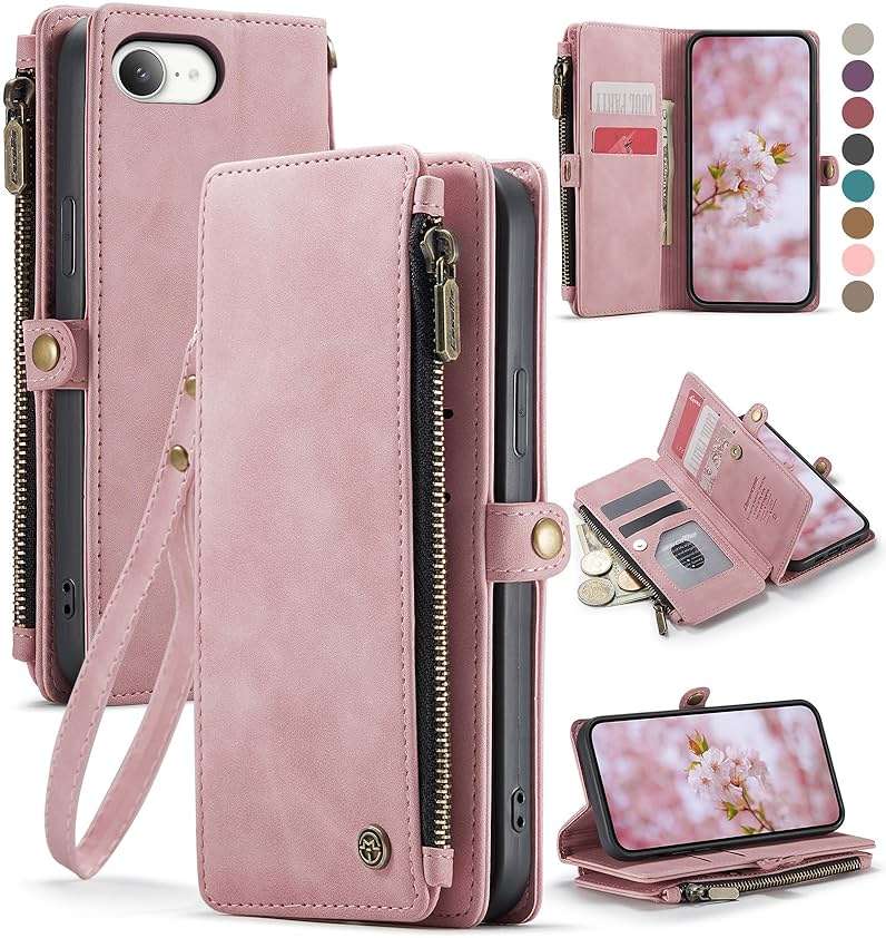 Defencase for iPhone 16E/17E Case Wallet with RFID Blocking Card Holder Slots for Women Men, Elegant PU Leather Magnetic Snap Flip Wristlet Strap Zipper Wallet Phone Cases for iPhone 17e & 16e, Pink - Image 1