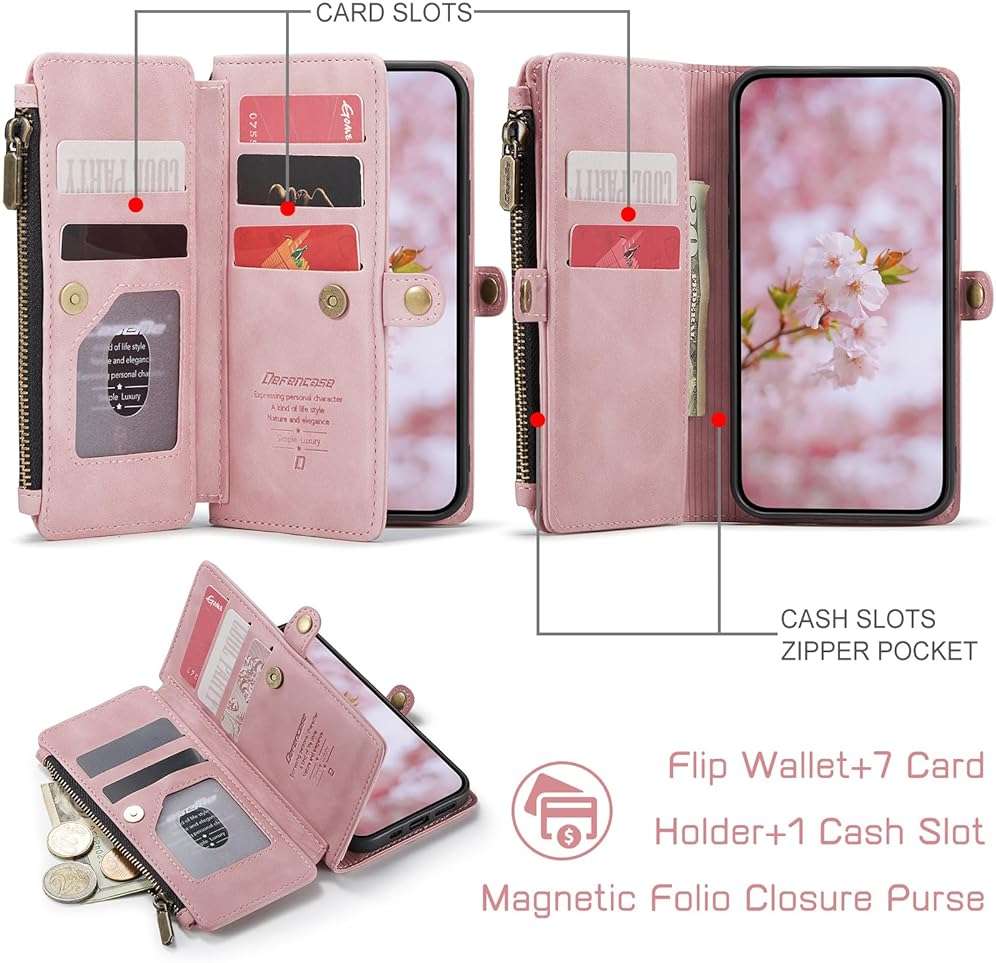 Defencase for iPhone 16E/17E Case Wallet with RFID Blocking Card Holder Slots for Women Men, Elegant PU Leather Magnetic Snap Flip Wristlet Strap Zipper Wallet Phone Cases for iPhone 17e & 16e, Pink - Image 2