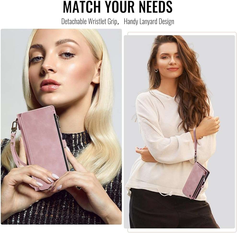 Defencase for iPhone 16E/17E Case Wallet with RFID Blocking Card Holder Slots for Women Men, Elegant PU Leather Magnetic Snap Flip Wristlet Strap Zipper Wallet Phone Cases for iPhone 17e & 16e, Pink - Image 3